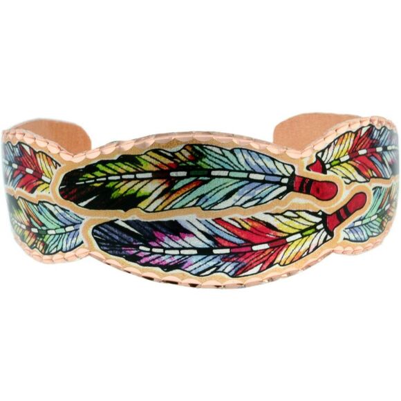 Handmade Boho Native American Cuff Bracelet, Colorful Feather Copper Bracelet,‎ - Picture 2 of 7